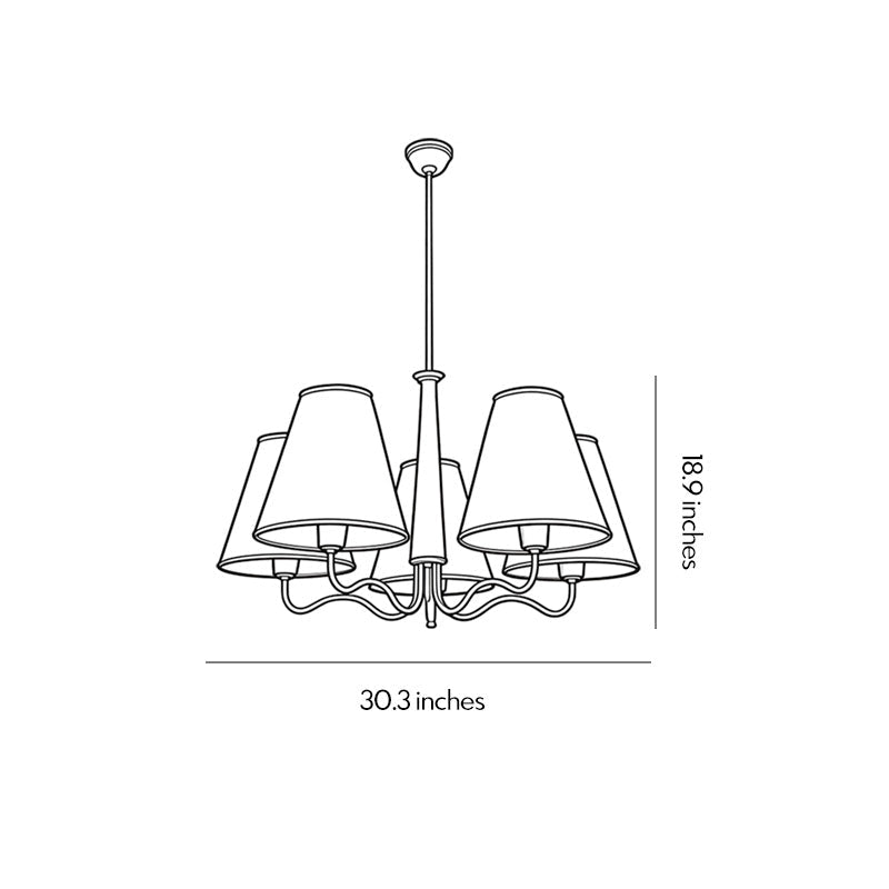 Auréline five-light chandelier installation view, downrod mount with copper and walnut finish
