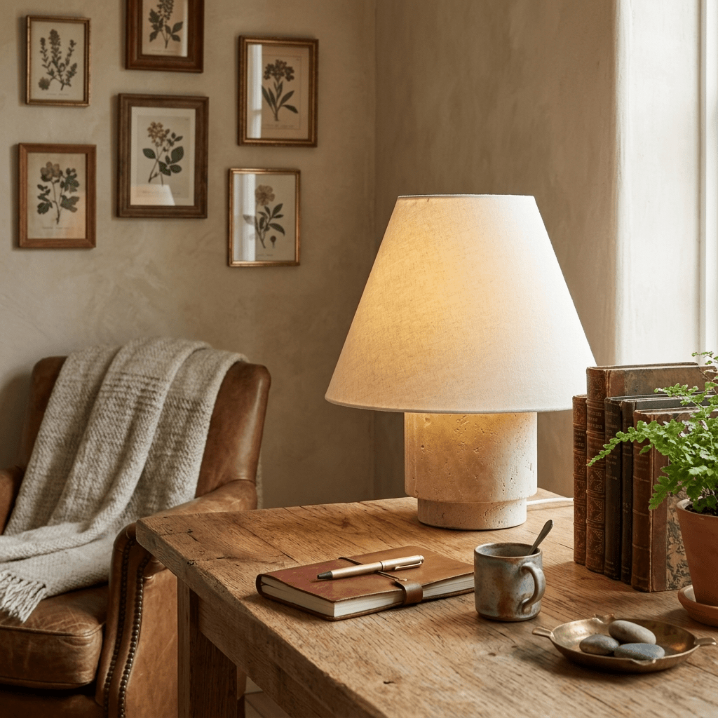 Travertine table lamp on a console table in a minimal Japandi living room setting