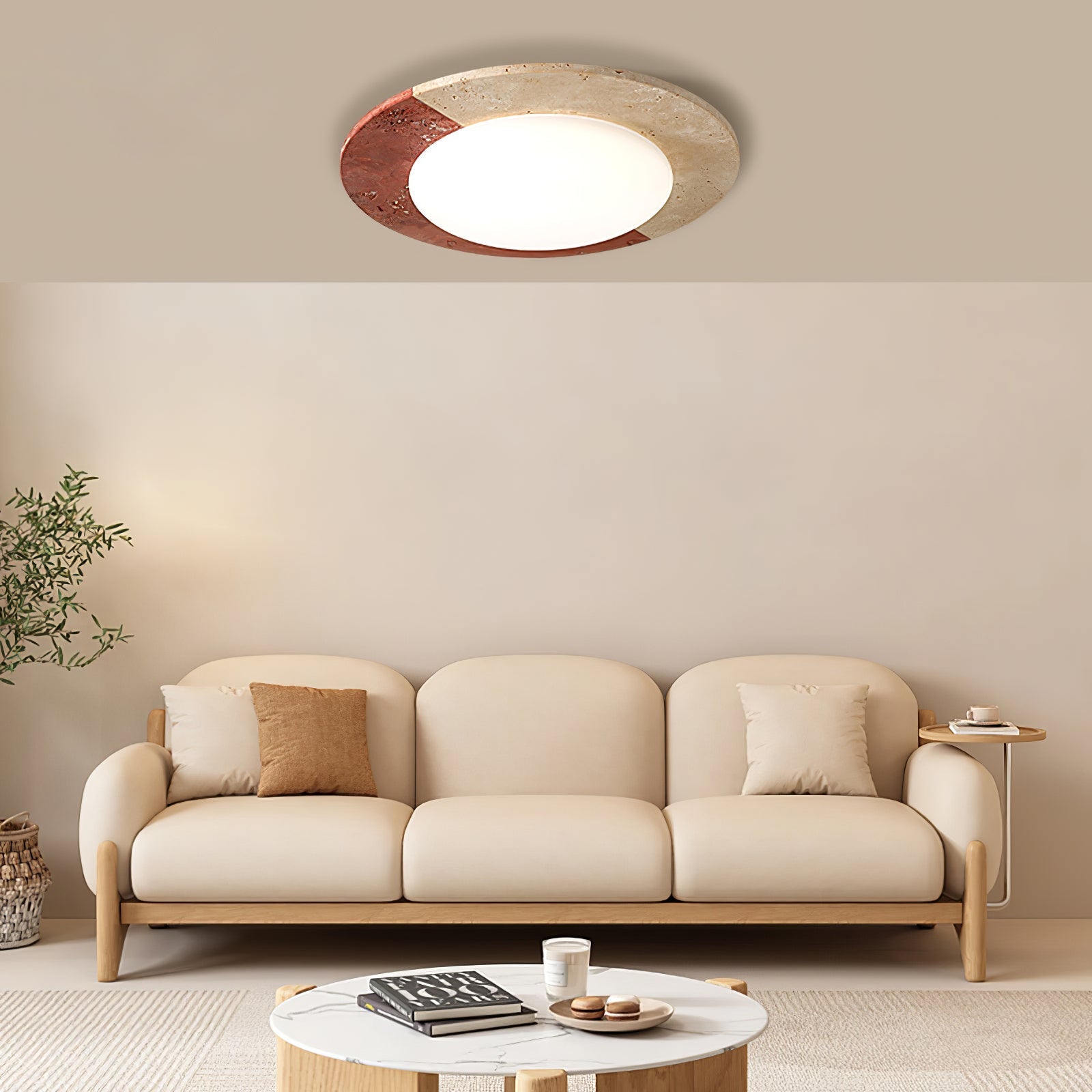 Travertine ceiling light in a Wabi-Sabi inspired interior