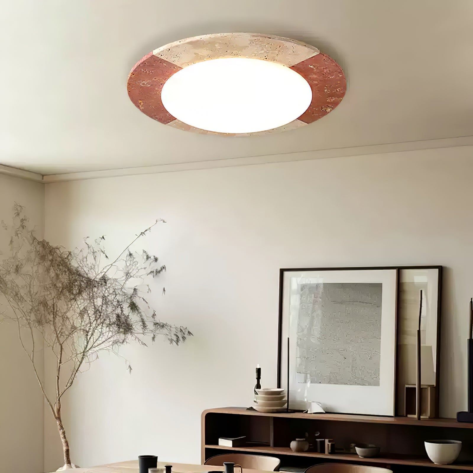 Nami stone ceiling light installed in a modern hallway with wall paint detail