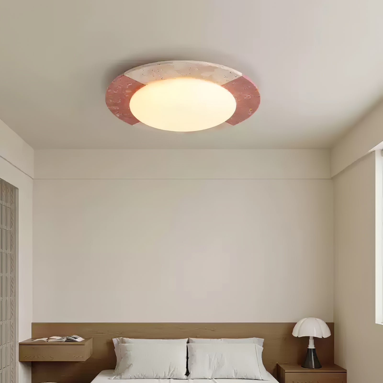 Nami travertine ceiling light 38cm size view from below showing diffused LED panel