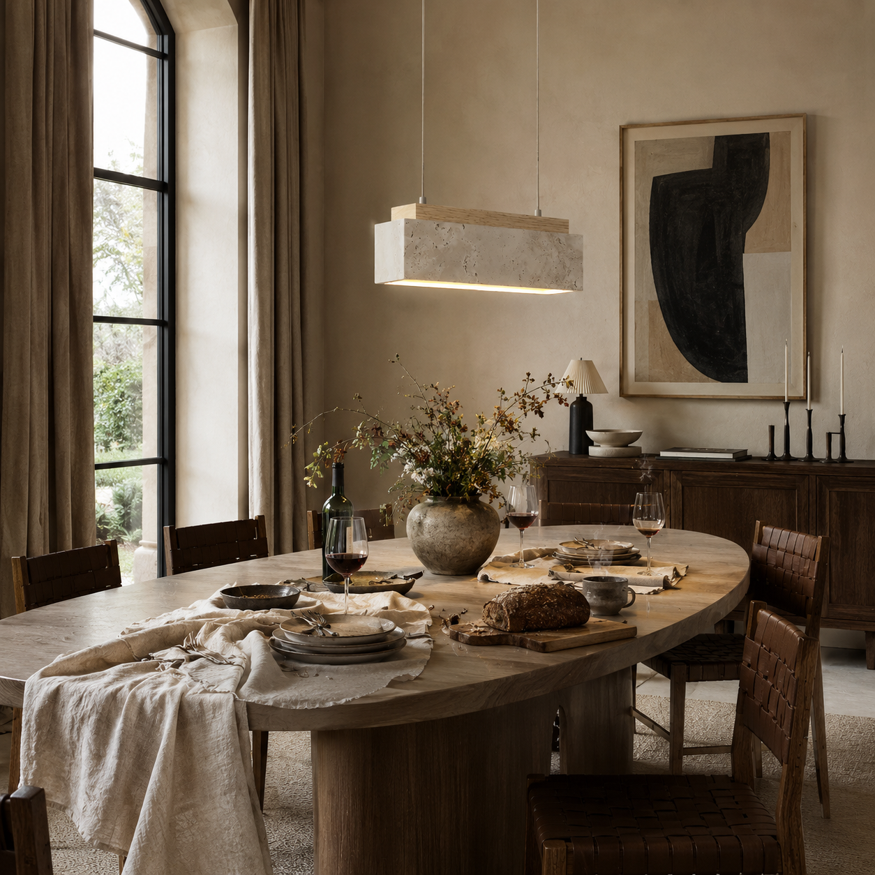 Natural travertine pendant light with warm wood ceiling mount in a calm minimal interior