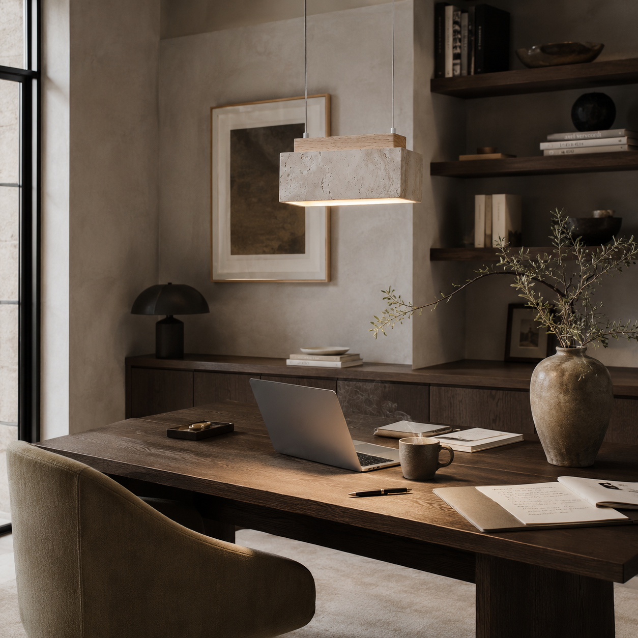 Kurei travertine pendant light casting a warm 3000K glow in a Japandi dining space