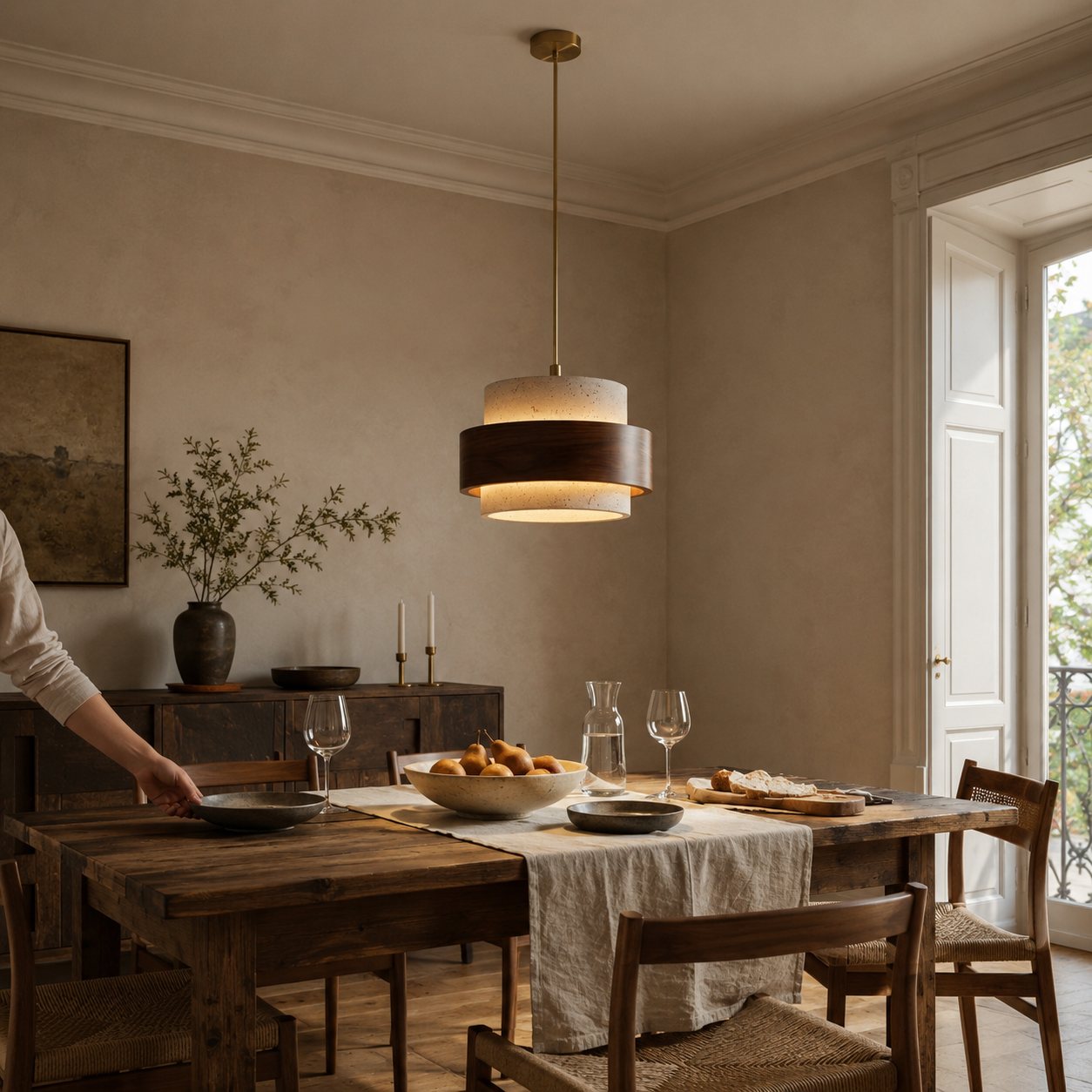 Evara Travertine Wood Pendant Lamp