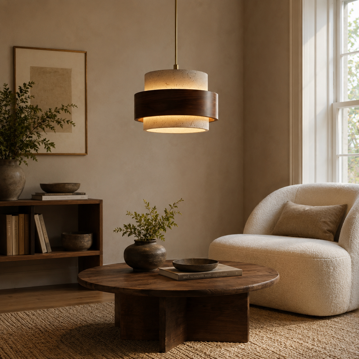 Evara Travertine Wood Pendant Lamp