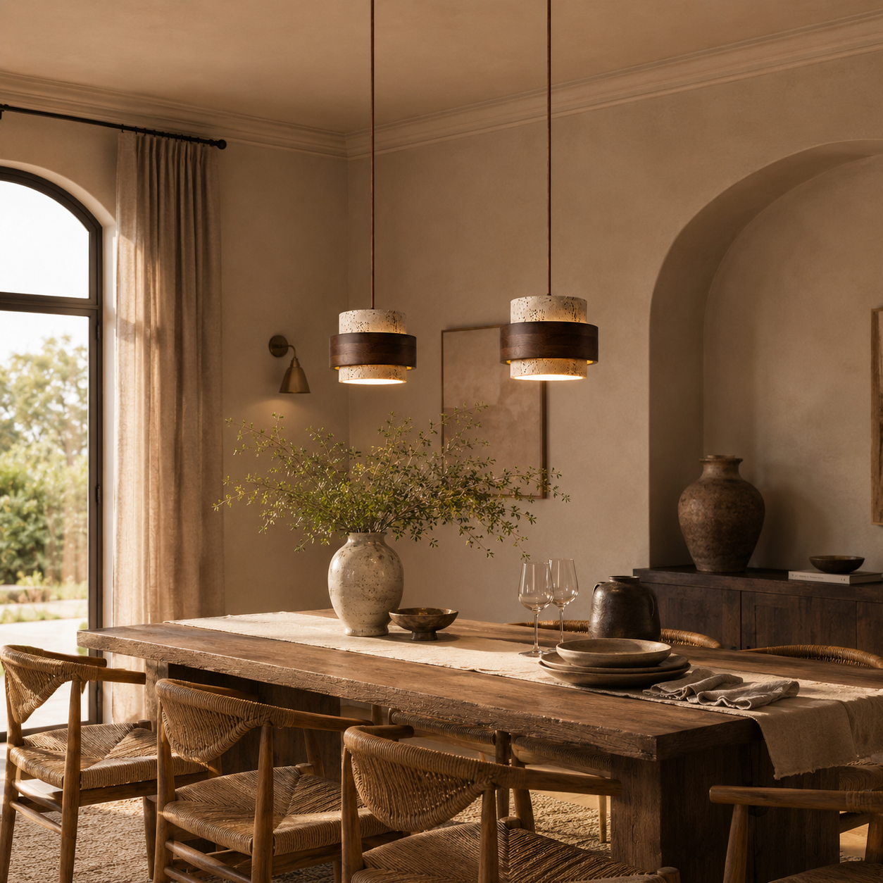 Evara Travertine Wood Pendant Lamp