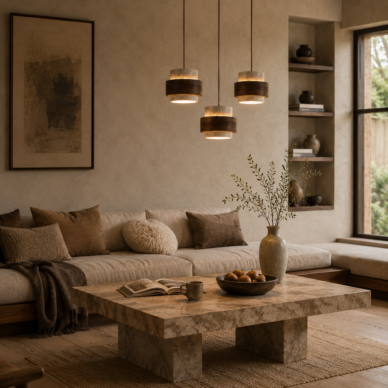 Evara Travertine Wood Pendant Lamp