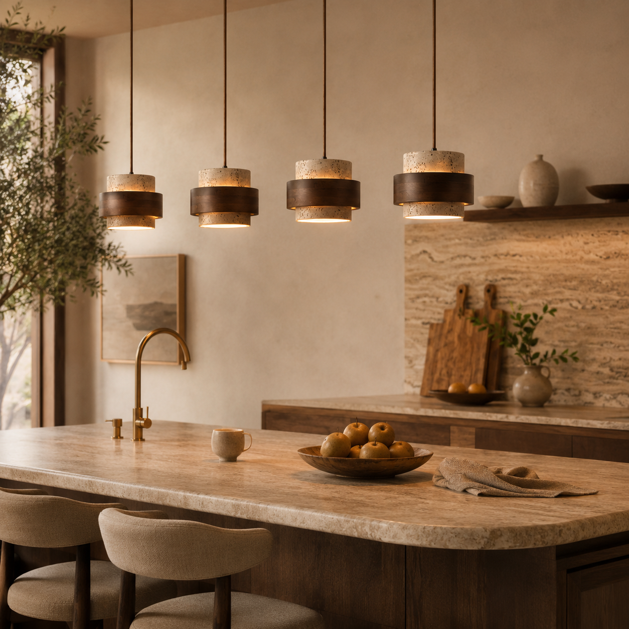 Evara Travertine Wood Pendant Lamp