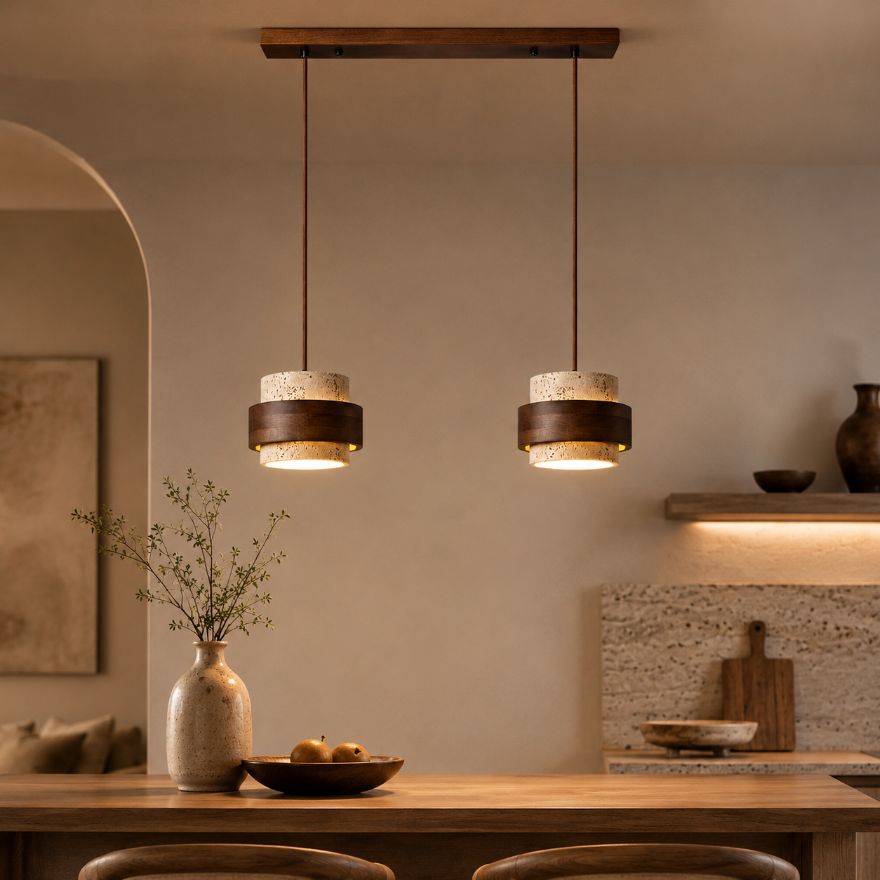 Evara Travertine Wood Pendant Lamp