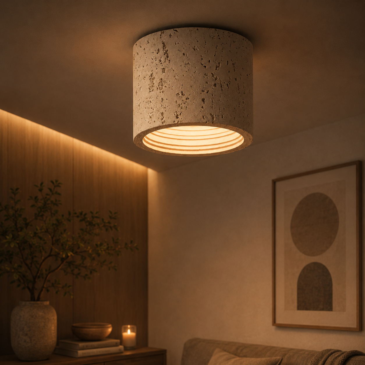 Hikari Travertine Cylinder Ceiling Light