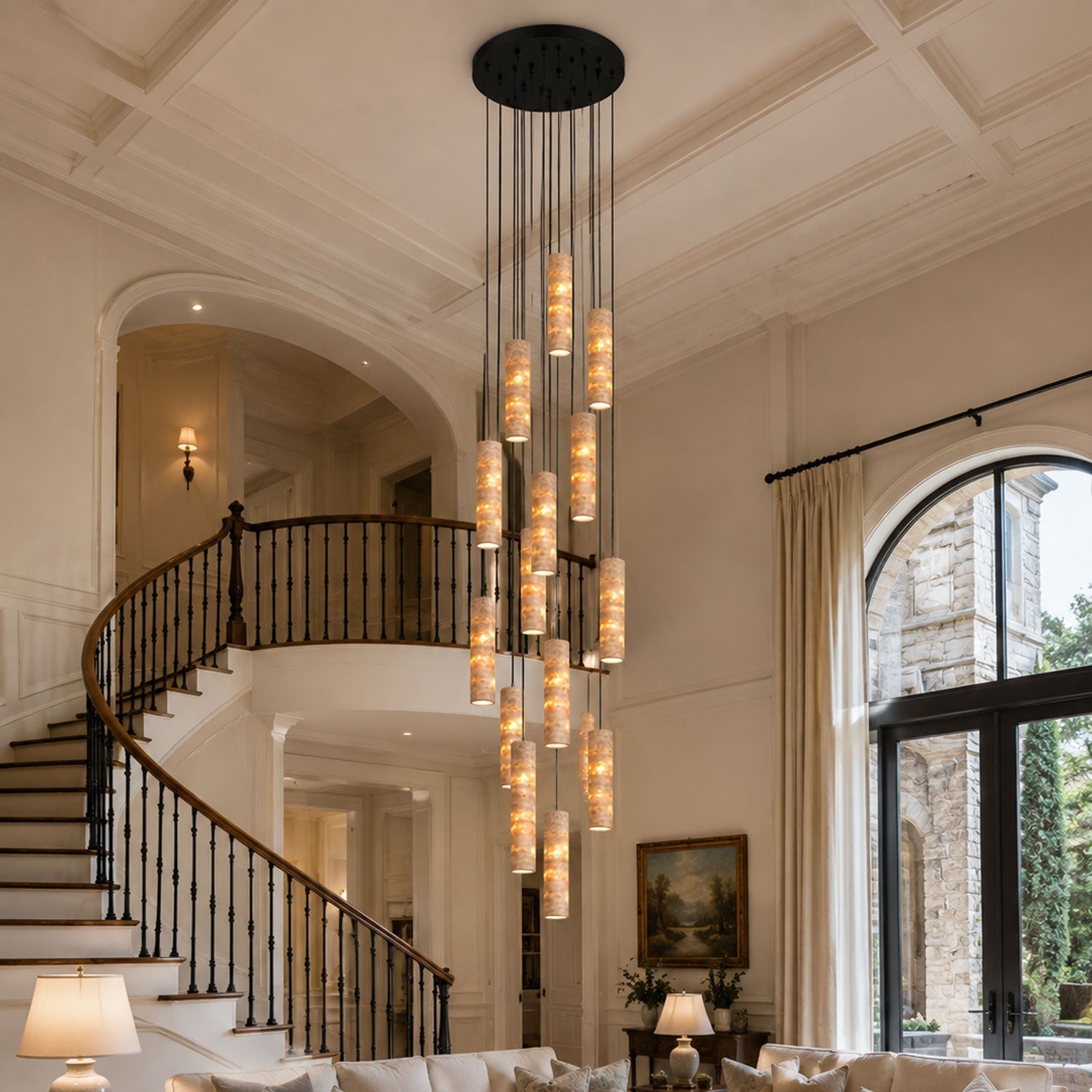 Seven-head travertine pendant light arrangement in a double-height dining room