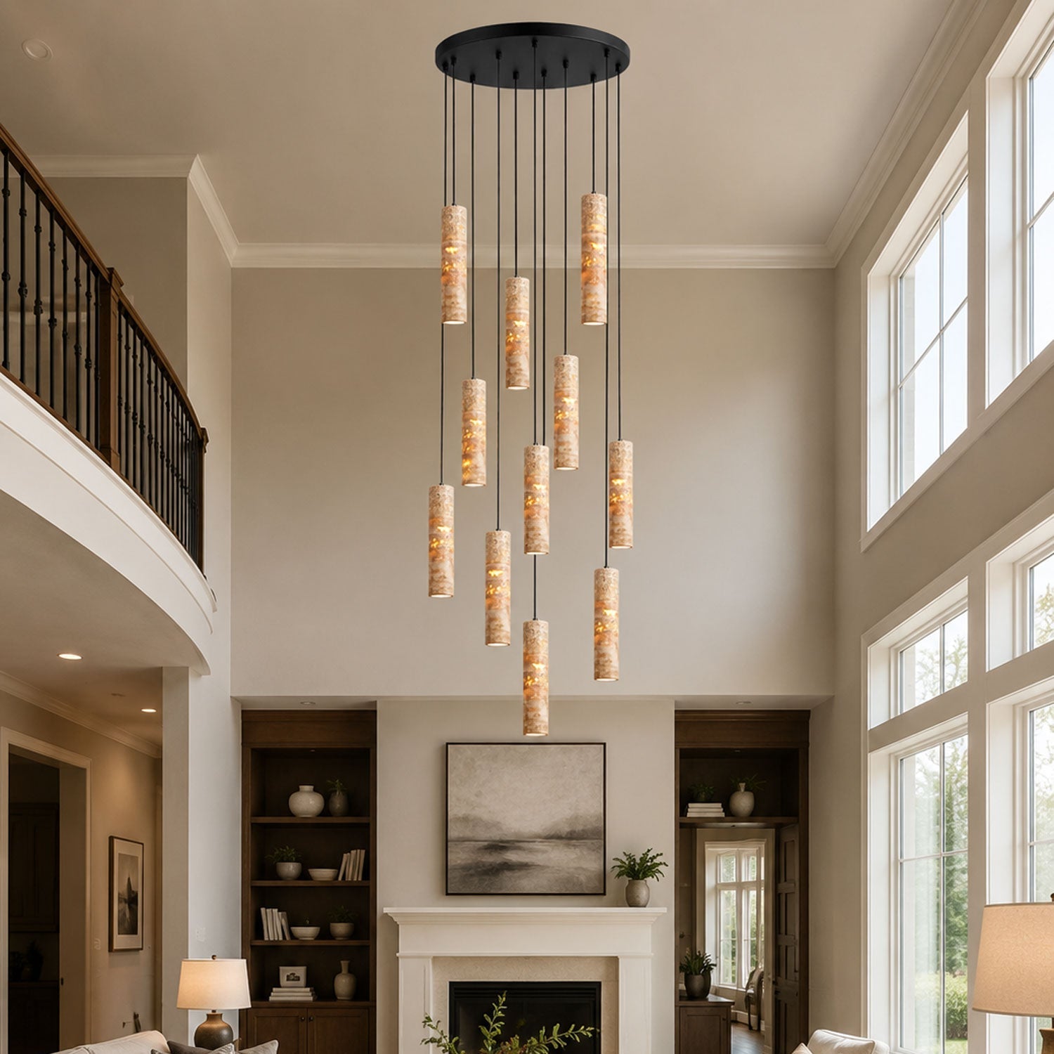 Nine-head travertine pendant chandelier in a large open-plan kitchen and dining space