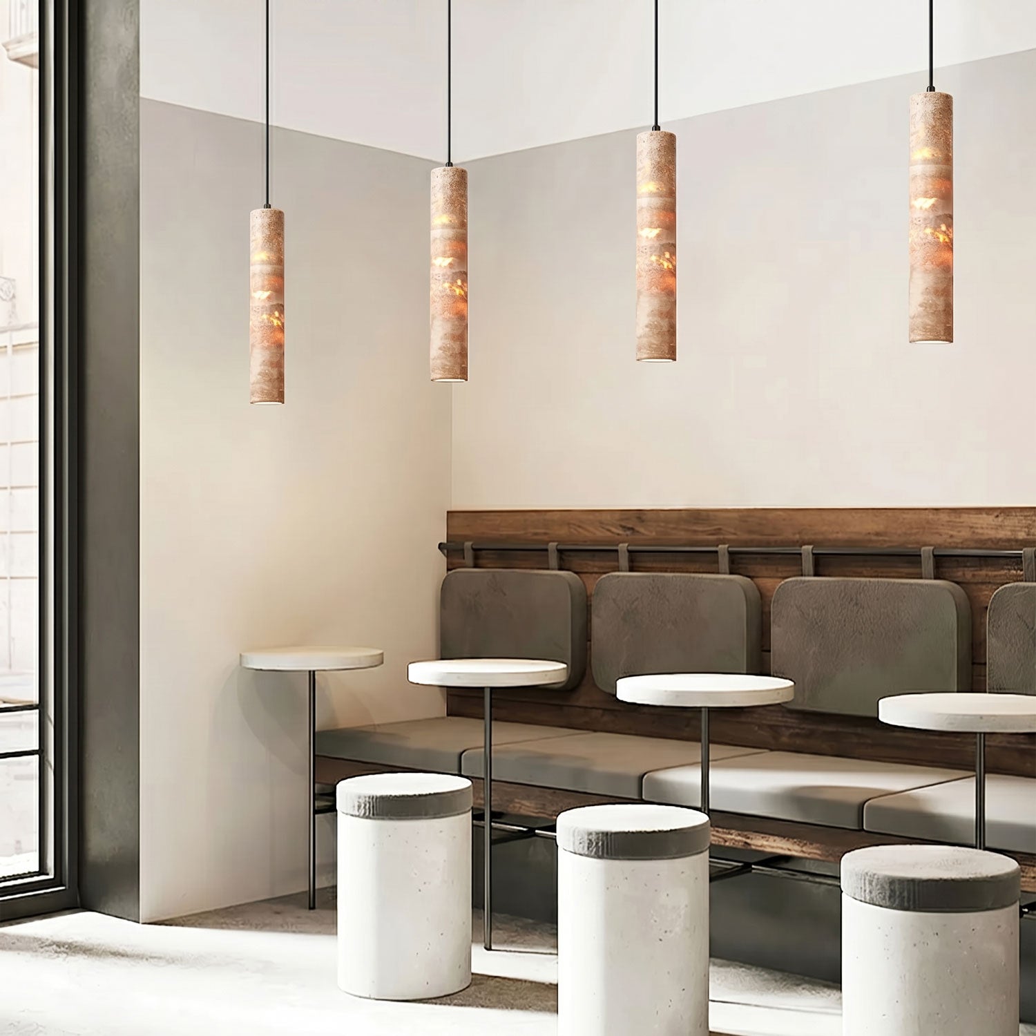 Single travertine stone pendant light with E27 fitting in a calm bedroom setting