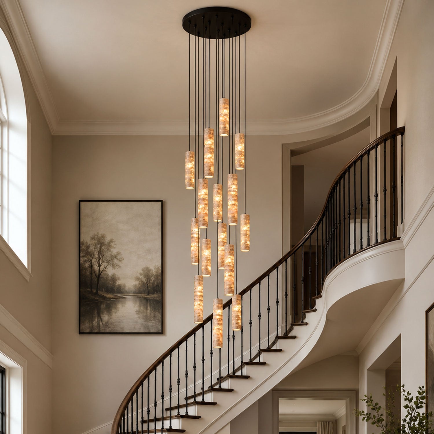 Yomi travertine pendant light unlit showing natural yellow stone colour and texture