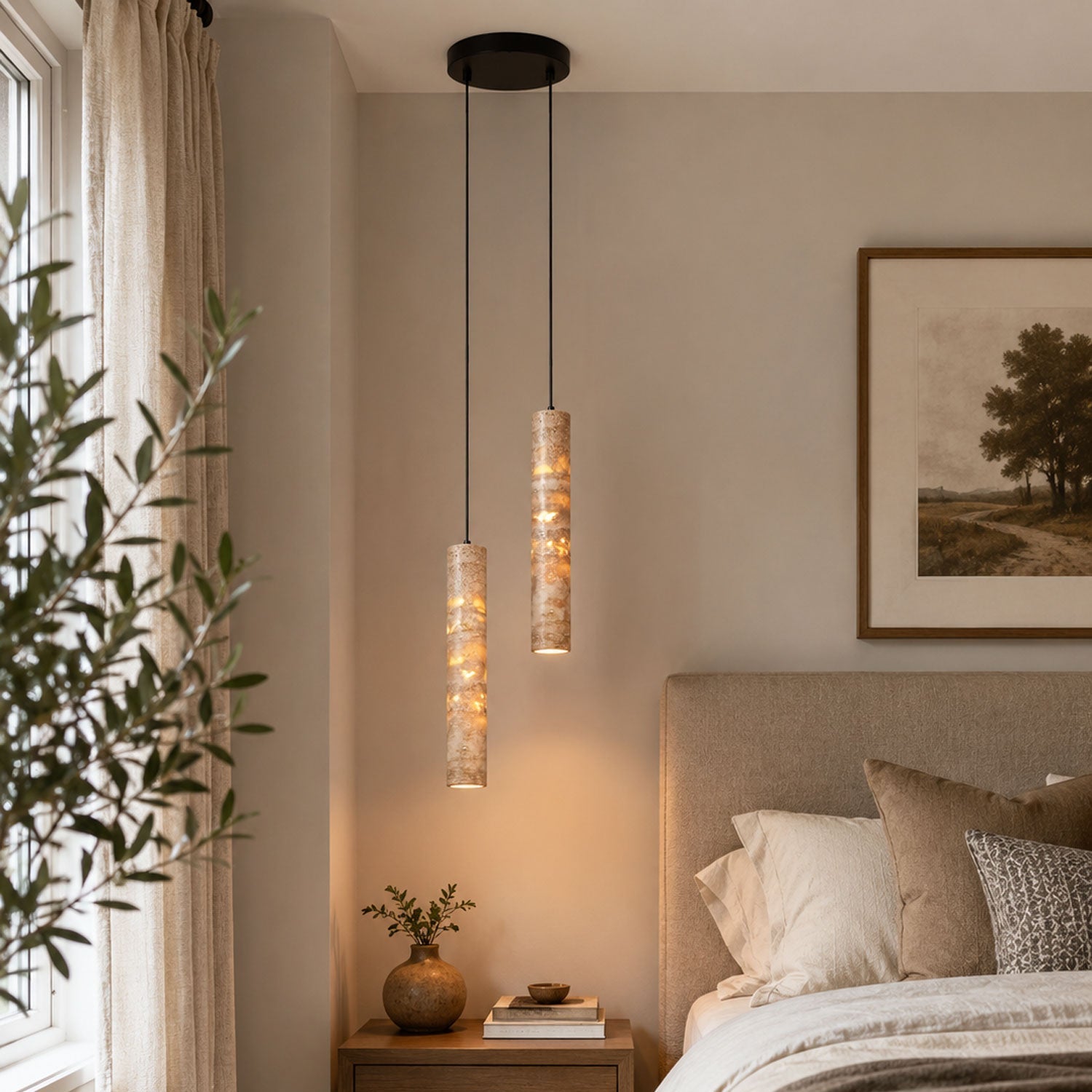 Fifteen-head travertine cylinder pendant light installation in a large dining or commercial space