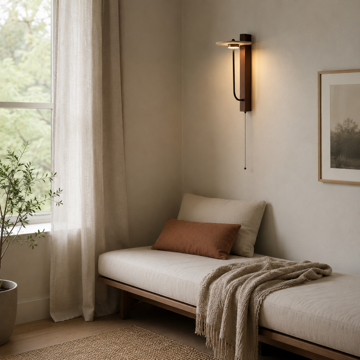 Sumi travertine arm wall light styled in a Sumi-Sabi interior with natural textures
