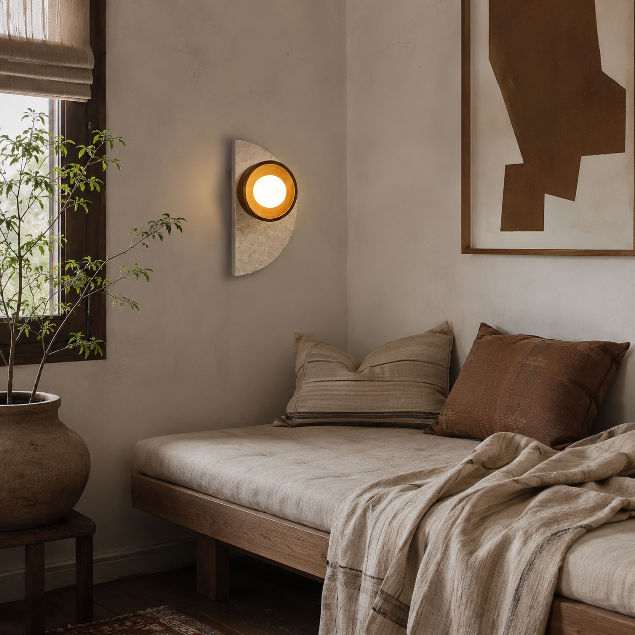 Ishi stone wall light casting a soft warm glow in a calm Japandi hallway