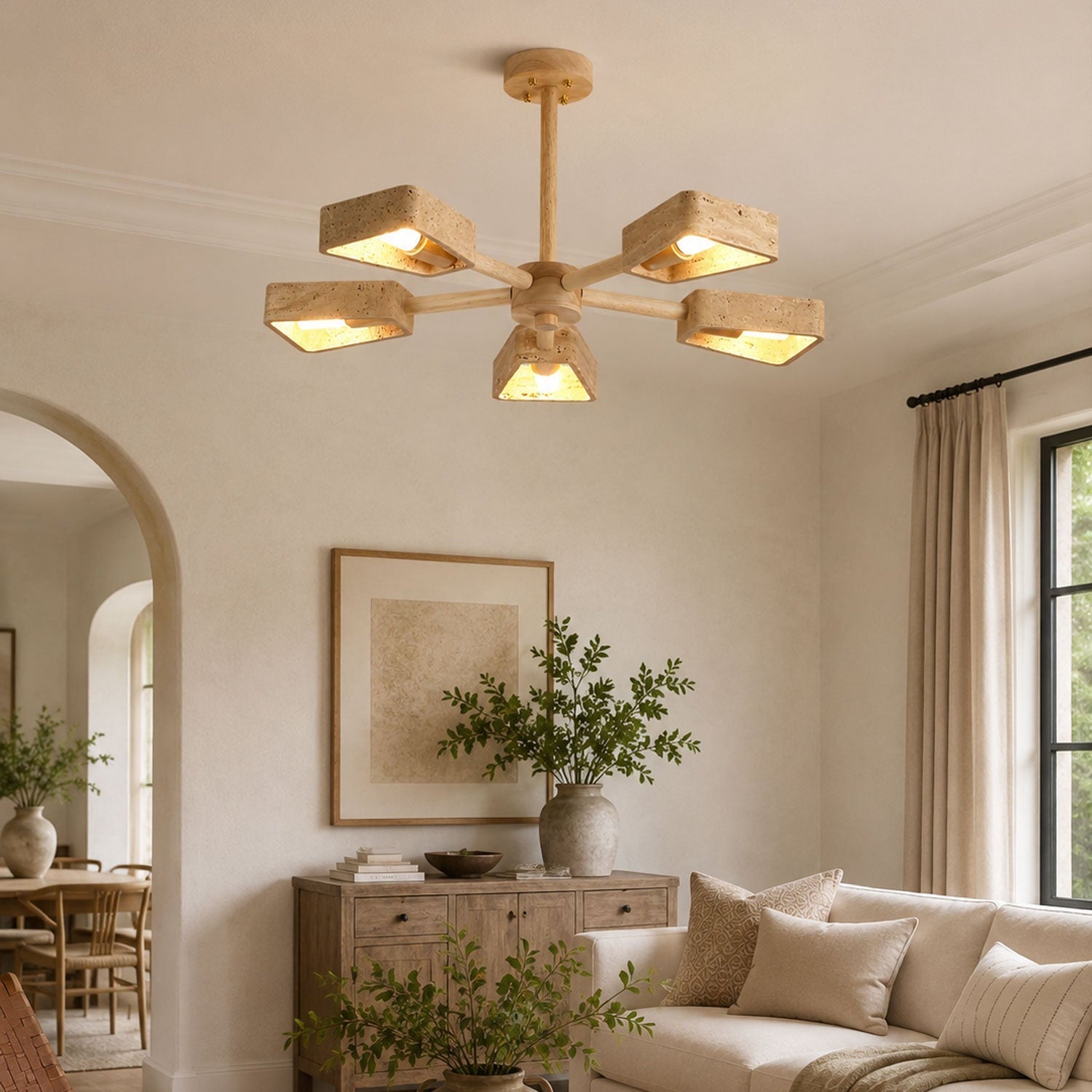Side profile of 3-head travertine and wood chandelier showing open silhouette and suspension rod