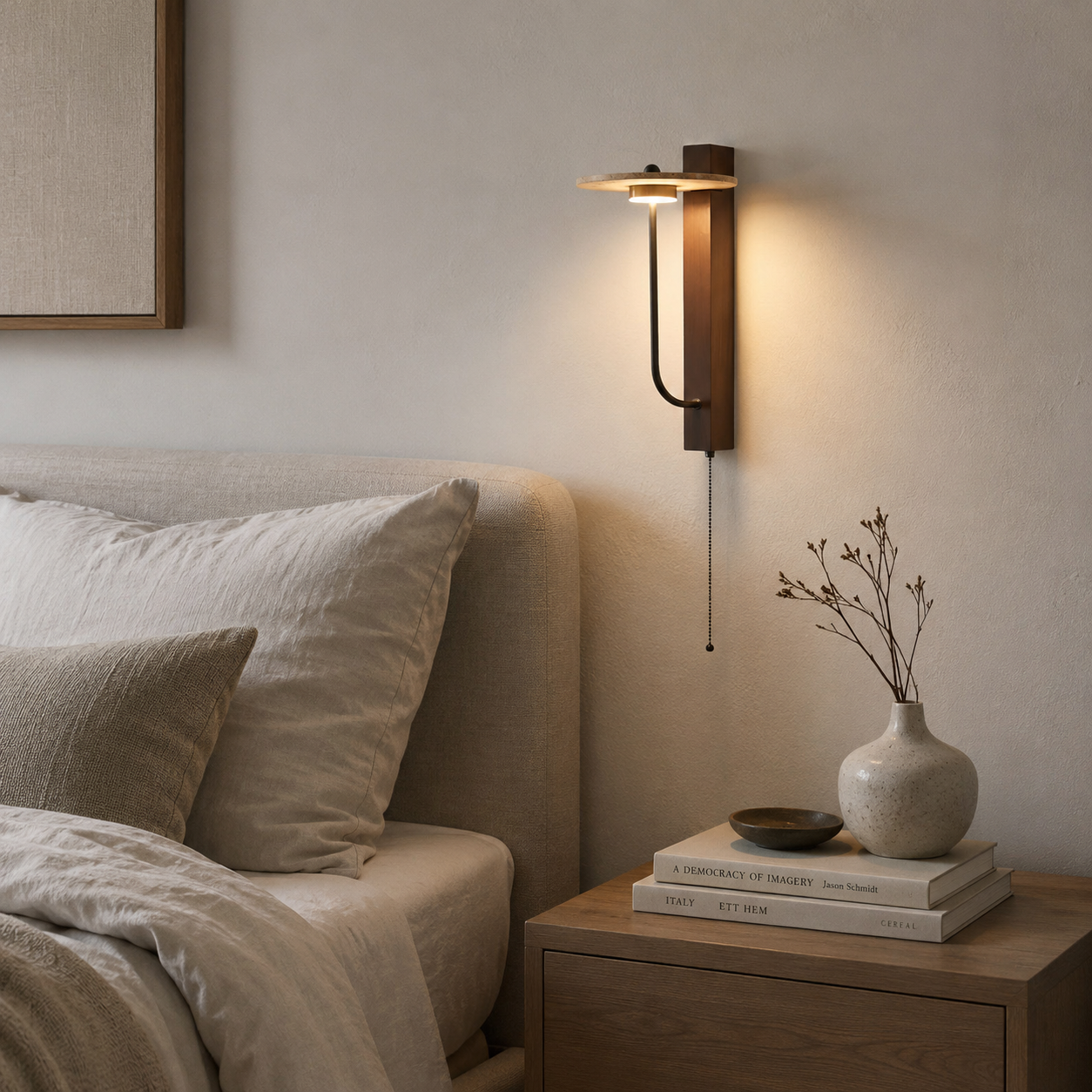 Travertine stone wall light sconce with walnut arm in a neutral toned dining room