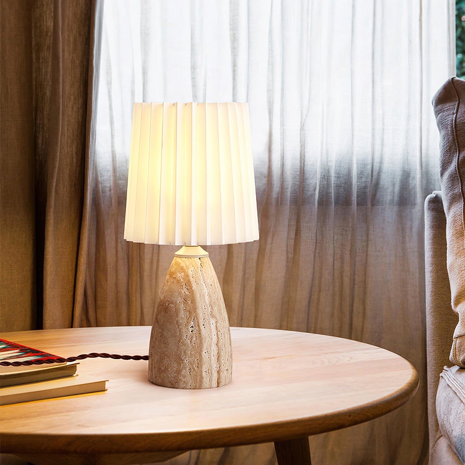 Close-up of natural yellow travertine texture on the Sumi stone table lamp base