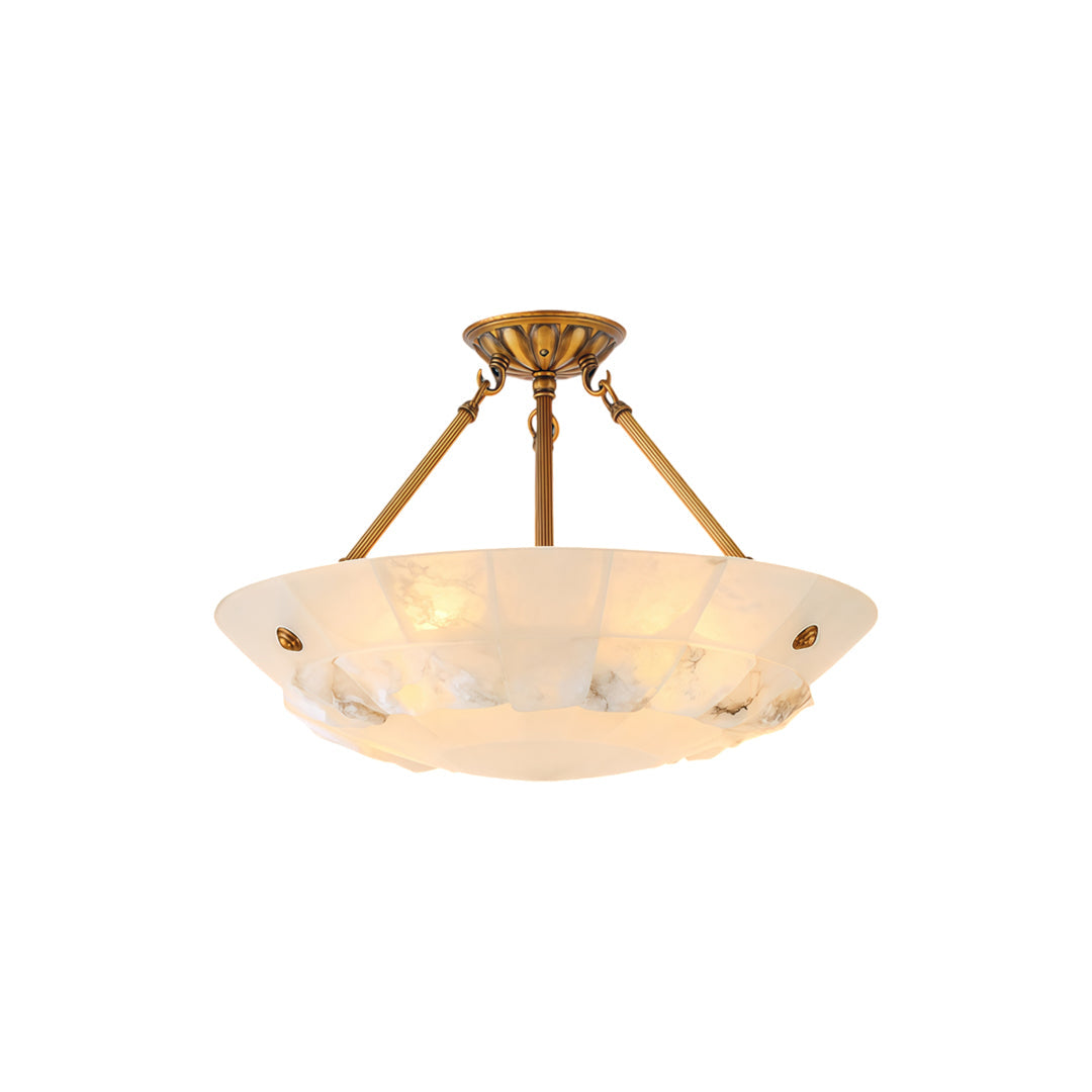 Auréline alabaster chandelier viewed from below, showing diffused warm light through natural stone shade