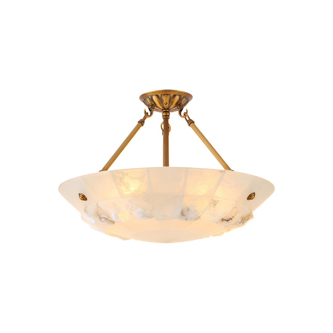 Auréline brass chandelier detail, side profile showing alabaster bowl and frame construction