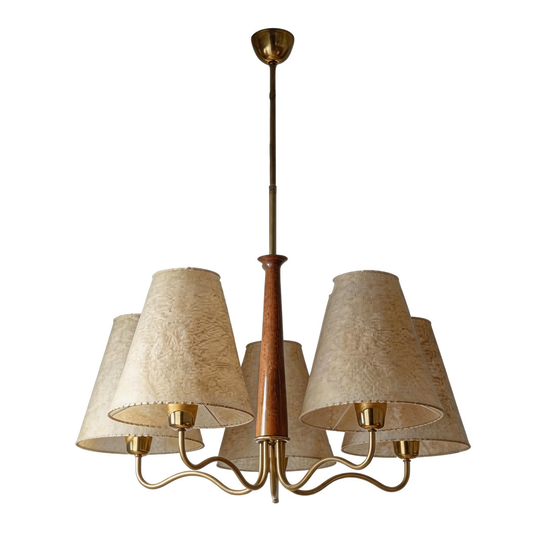 Auréline modern chandelier in a contemporary dining room, iron and wood ceiling light with fabric shades