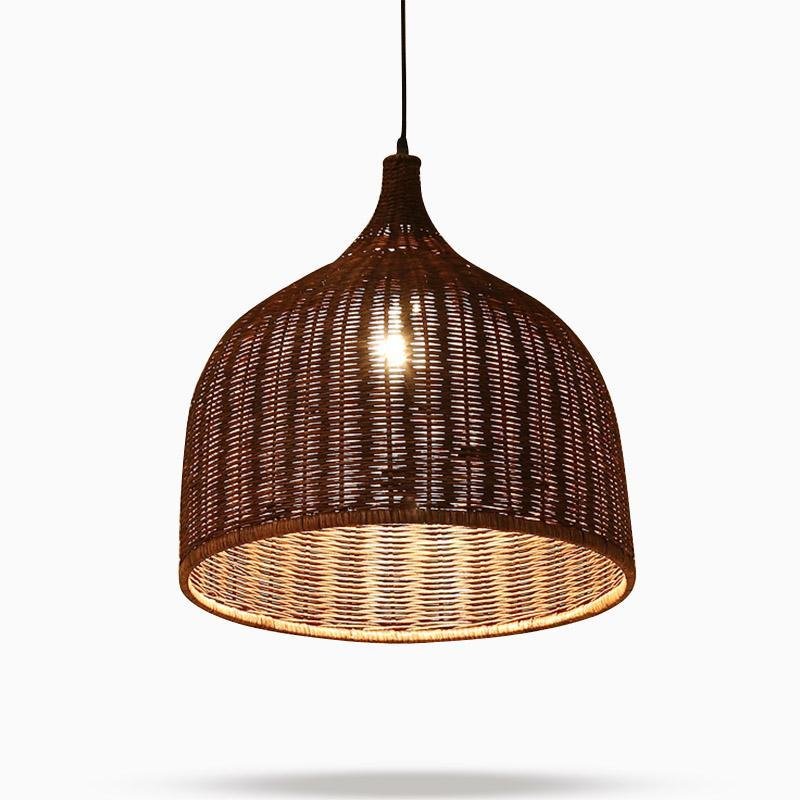 Aureon woven rattan pendant light shown in wood and coffee finishes, multiple size options