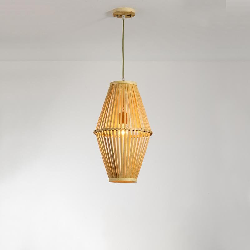 Aureon woven bamboo pendant light showing natural burlywood finish and open weave texture