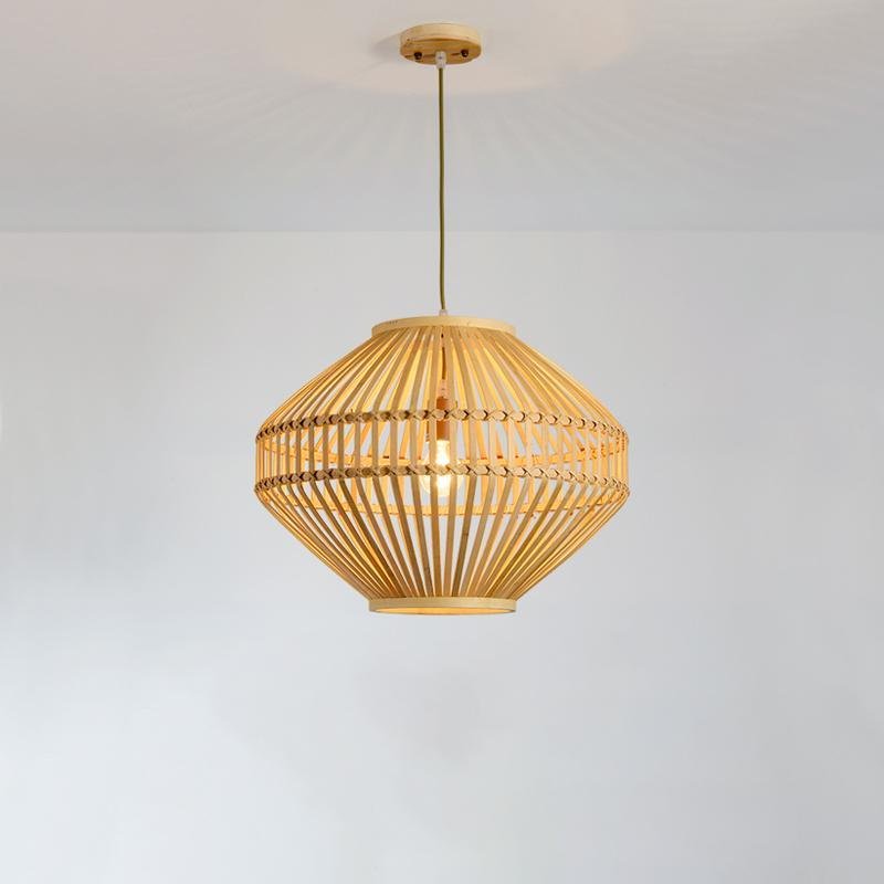 Aureon tall diamond bamboo pendant light casting warm textured light in a living space