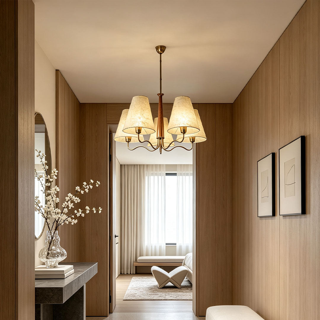 Auréline fabric chandelier side view, adjustable rod and copper tone iron frame with walnut wood accent