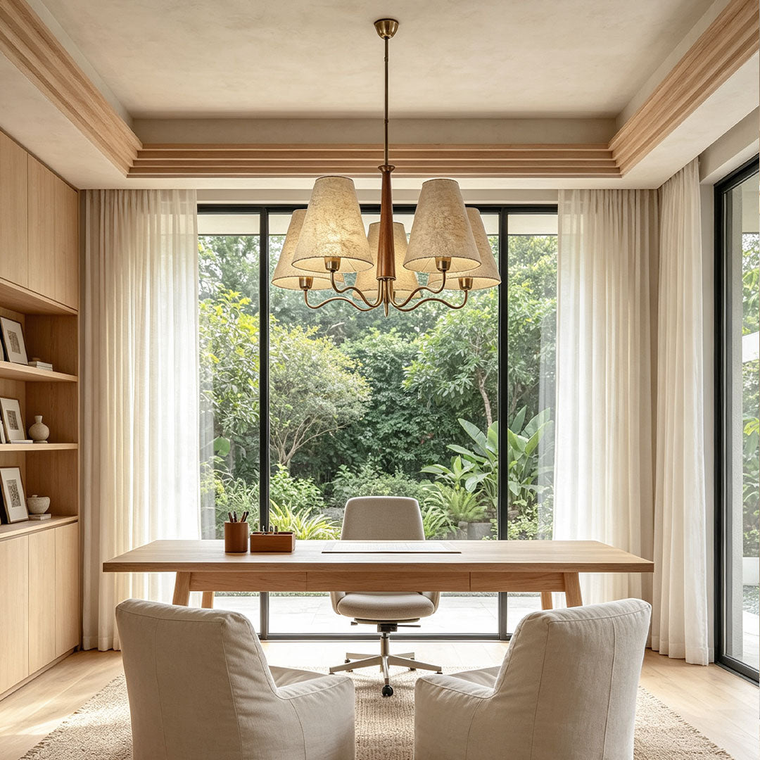 Auréline chandelier five-light layout from below, showing soft diffused light through fabric shades