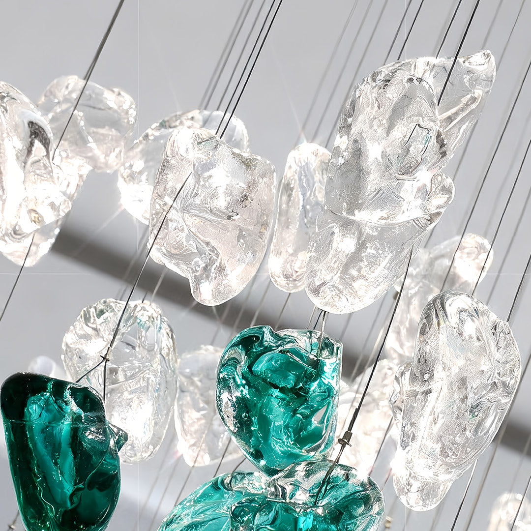 Side profile of Auréline beaded chandelier showing adjustable cord and stainless steel mount