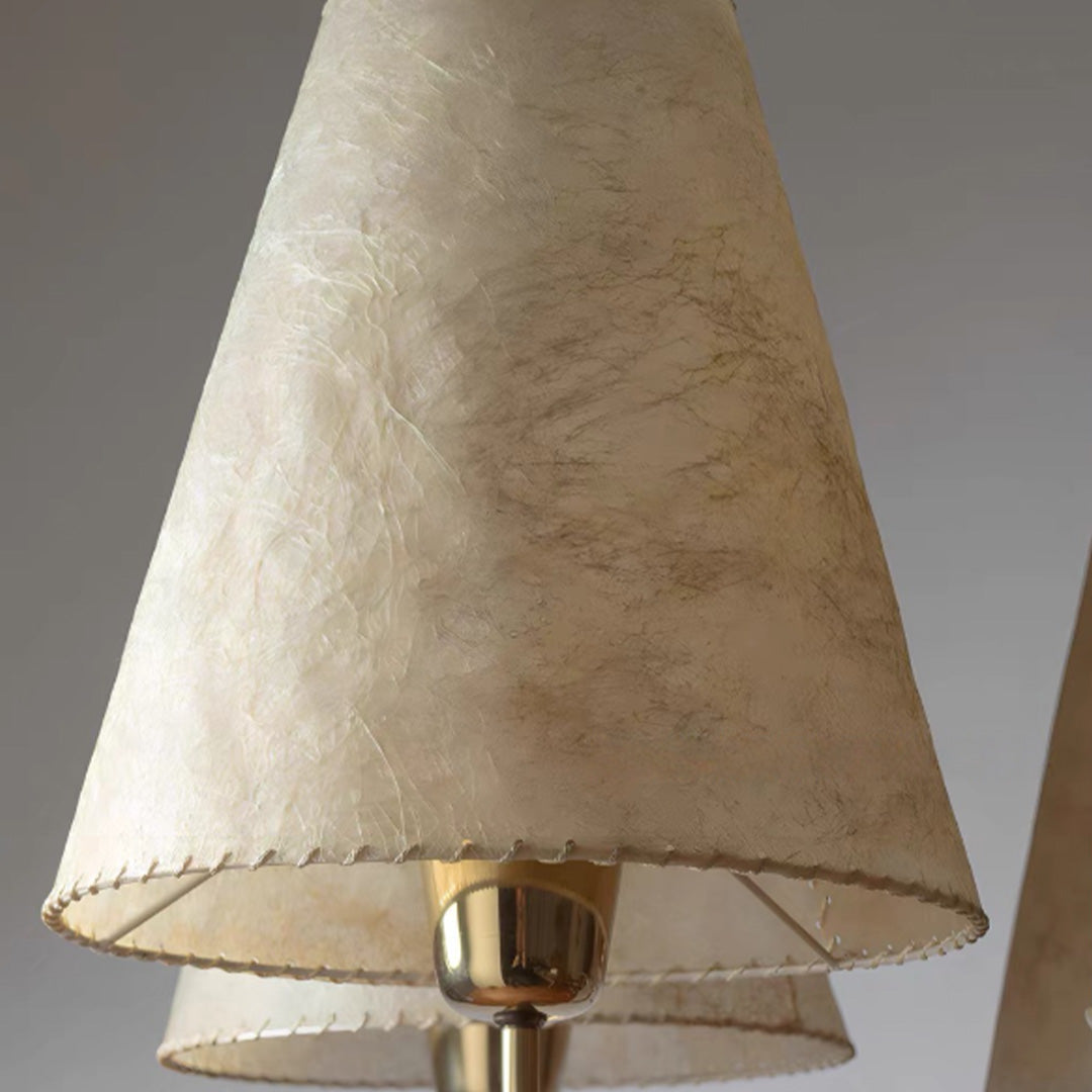 Auréline chandelier parchment shade detail, layered fabric diffusion for soft glare-free illumination
