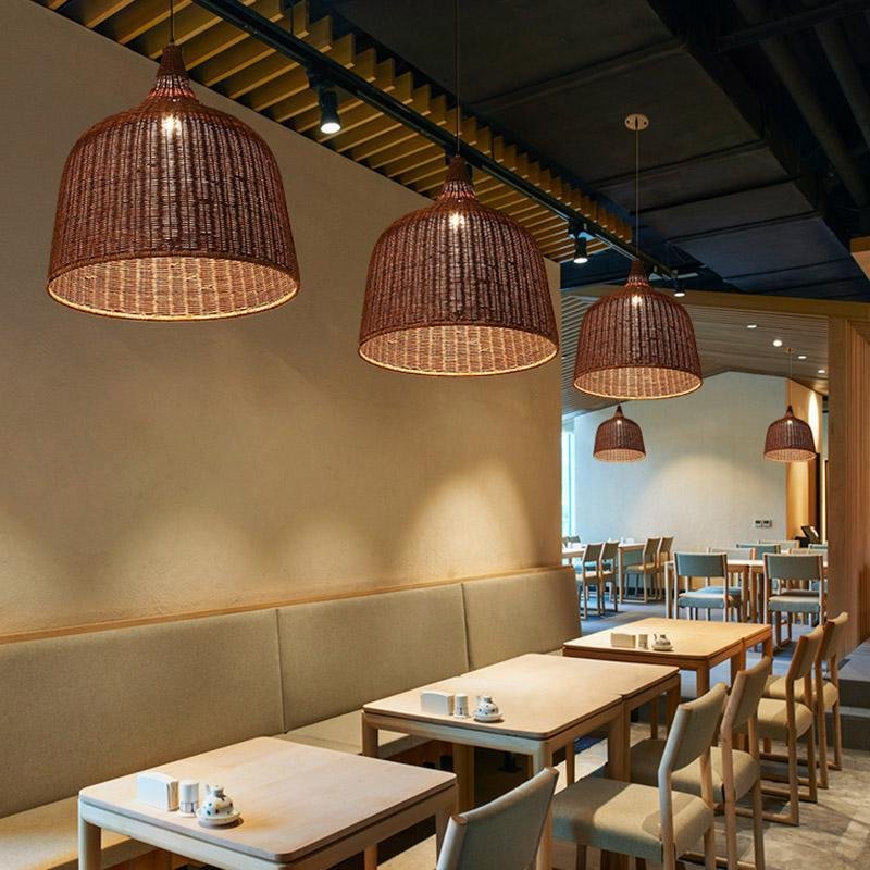 Close-up of woven rattan weave detail on the Aureon pendant light shade