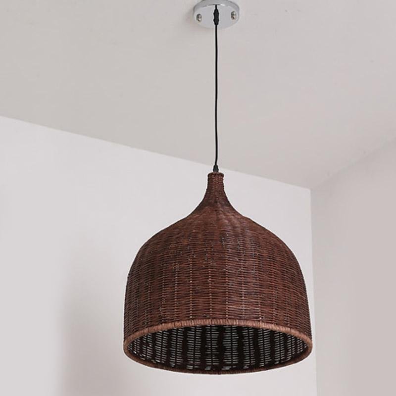 Rattan pendant light in coffee tone finish, warm woven shade above kitchen island