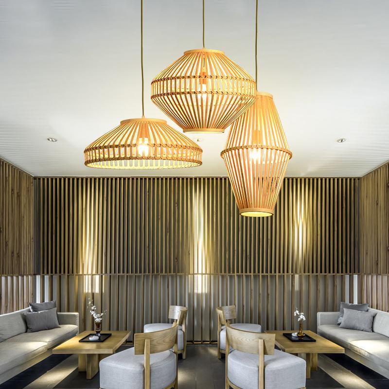 Aureon semi-circular bamboo pendant light in a contemporary dining room setting