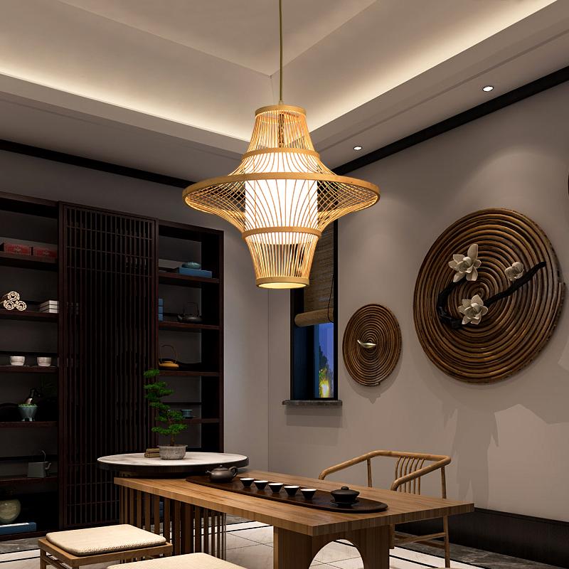 Aureon bamboo ceiling pendant light shown from below, highlighting woven shade pattern