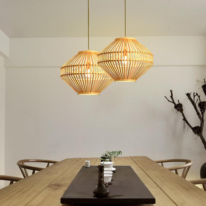 Three Aureon bamboo pendant light variants shown side by side: wide diamond, tall diamond, and semi-circular