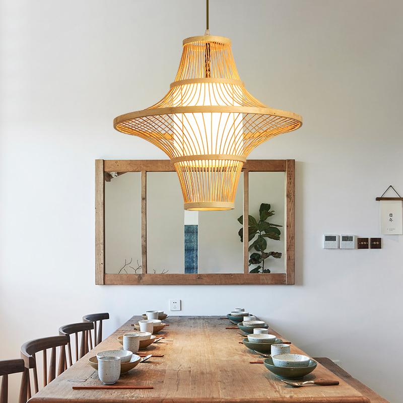 Close-up of the woven bamboo shade texture on the Aureon pendant light