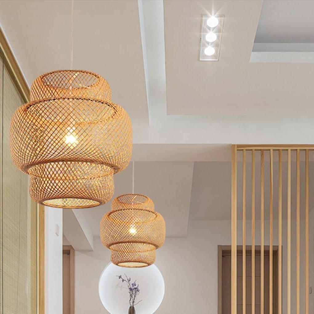 Bamboo pendant ceiling light with warm ambient glow in a dining space