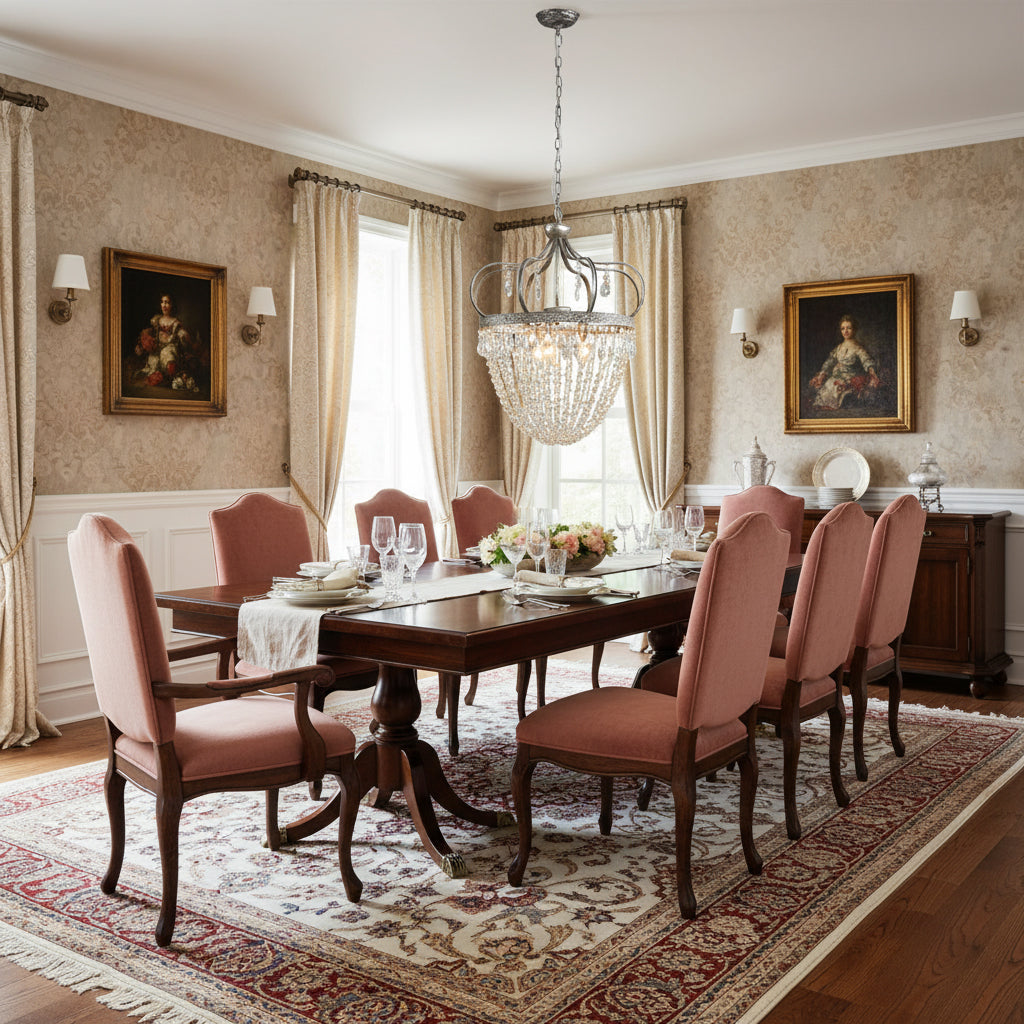 Small Vantara chandelier above a round dining table in a modern interior