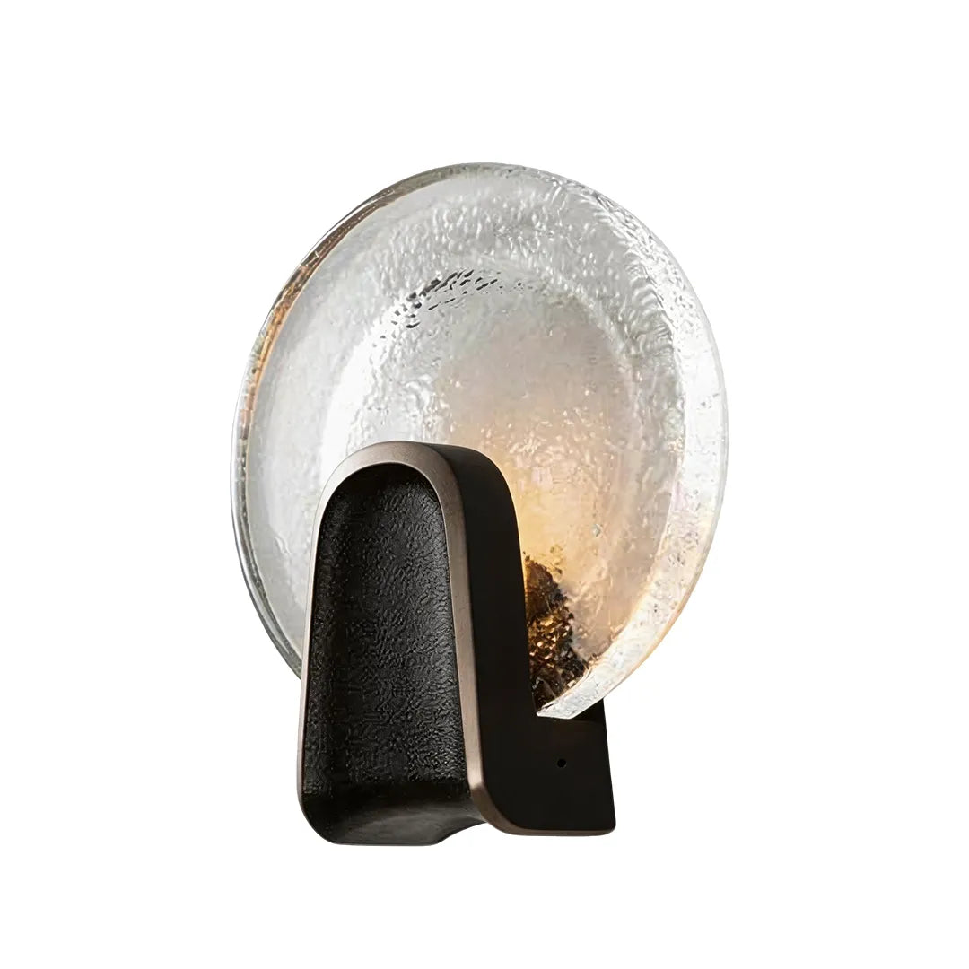 Art deco glass wall sconce in black brass with clear round shade, contemporary wall light