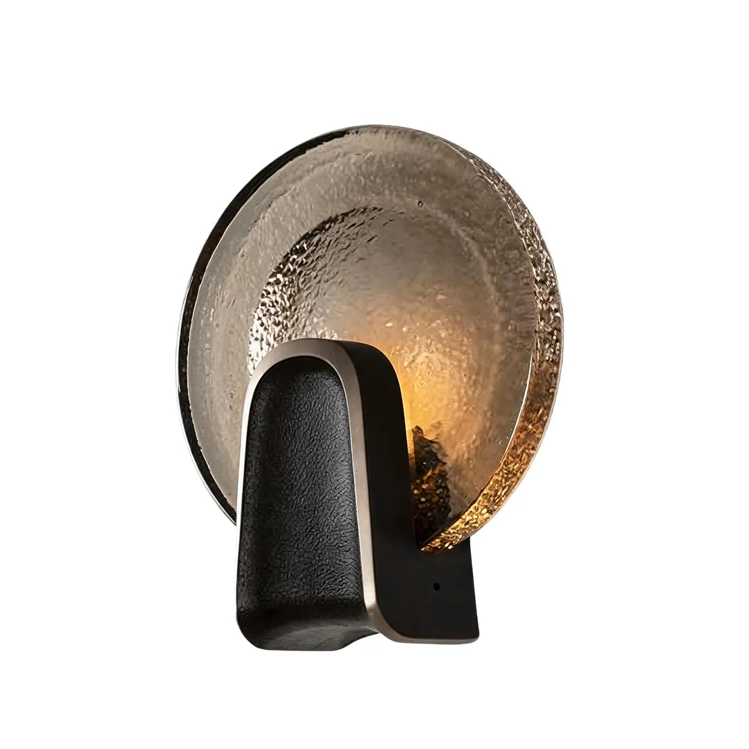 Art deco glass wall sconce in black brass with smoked gray round shade, modern wall sconce
