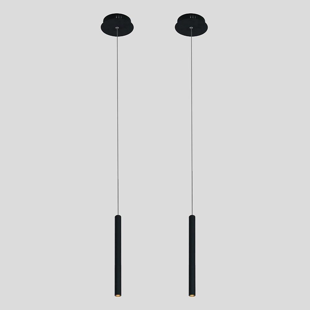 Aureon slim LED pendant light in black, side profile showing elongated cylinder form