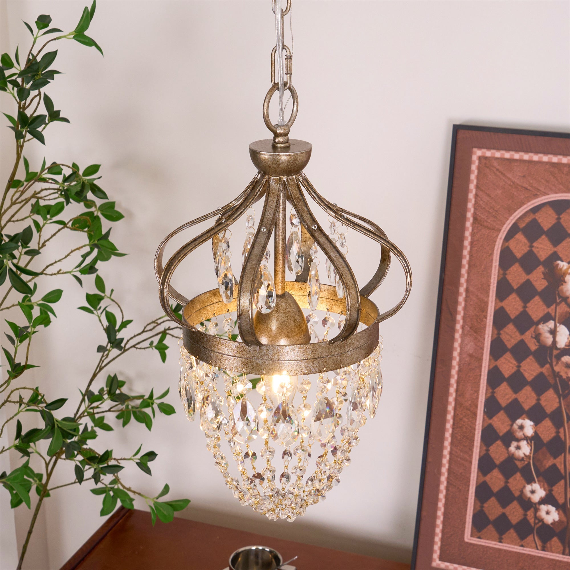 Modern crystal chandelier in antique silver with layered glass drops, front view