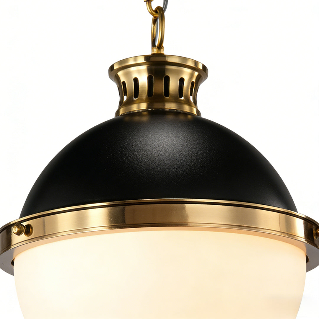 Aureon black iron frosted opal glass globe pendant light, close-up product view