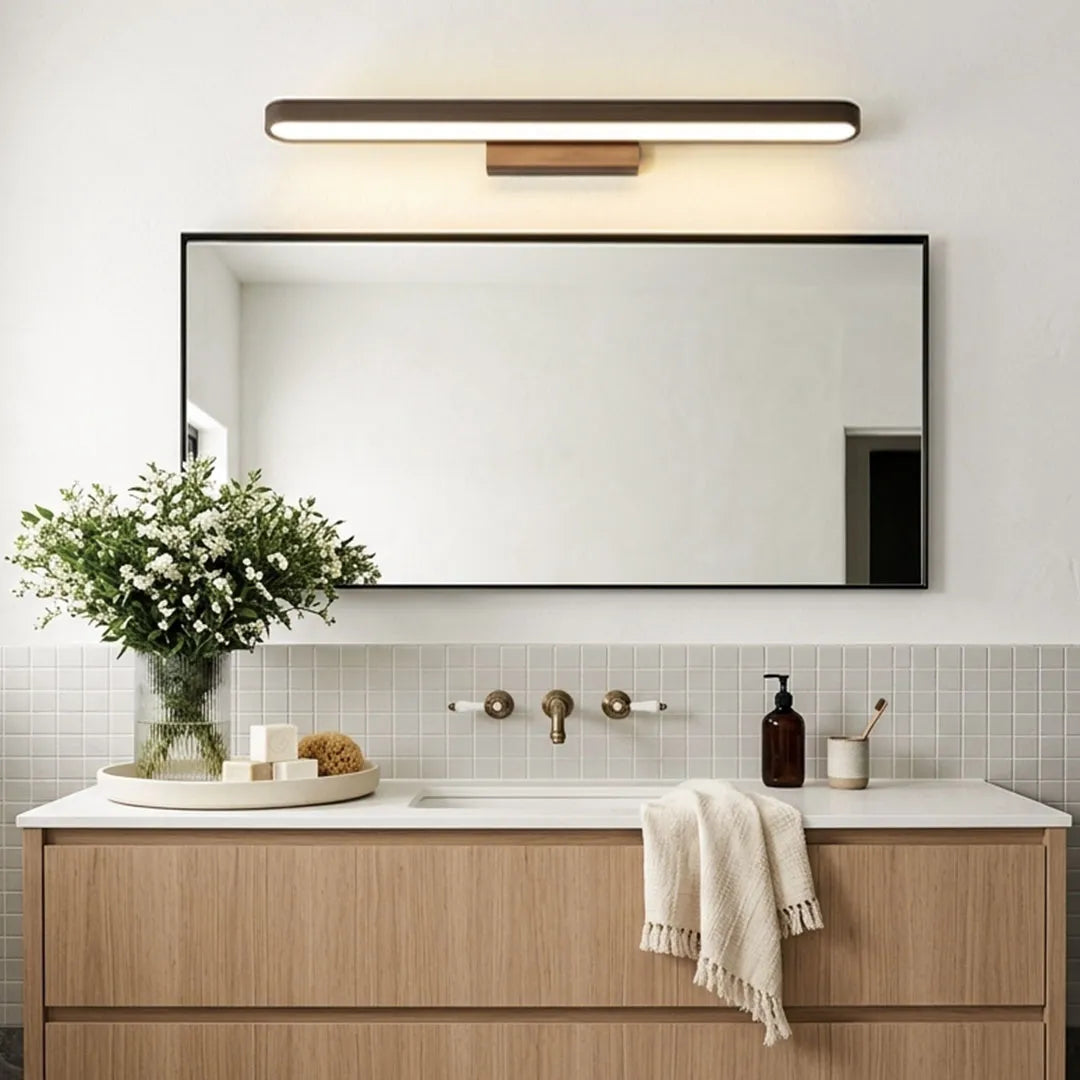 Viora ring vanity light above a contemporary floating bathroom vanity