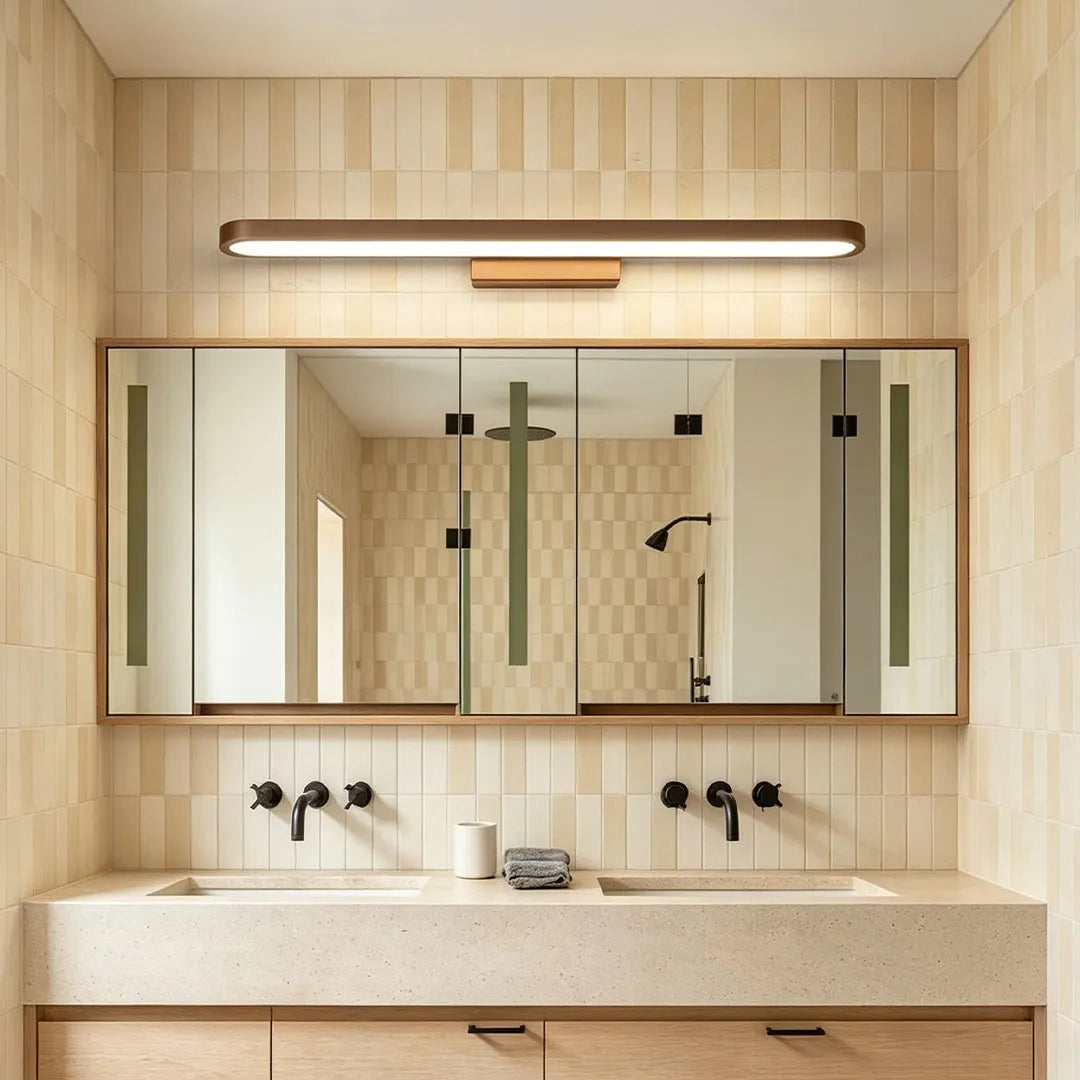 Viora bathroom mirror bar light above a double-sink vanity in a modern bathroom