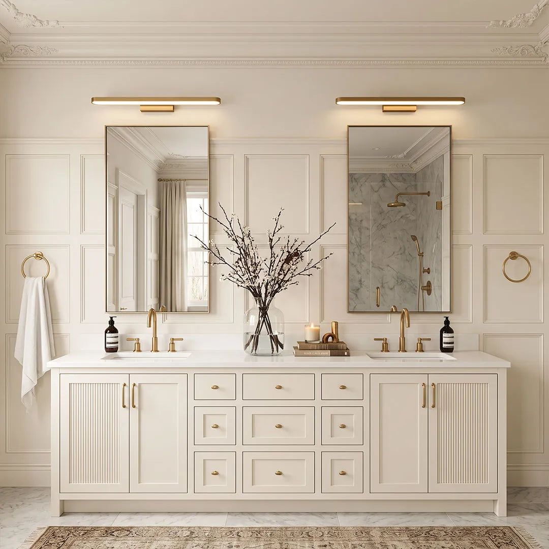 Viora LED ring vanity light installed above a double-sink bathroom in warm white mode